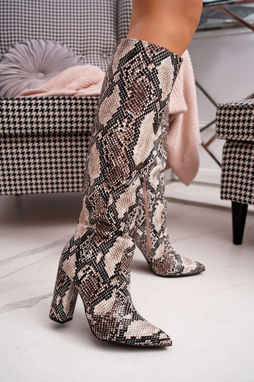 Women's Stiletto Boots Snake Leather Beige Brogues