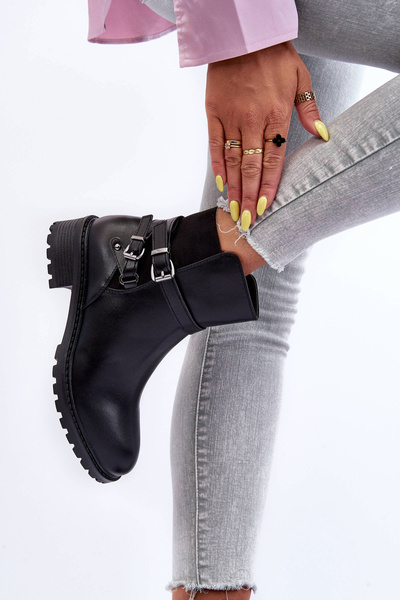 Women's Leather Boots With Straps Black Minks