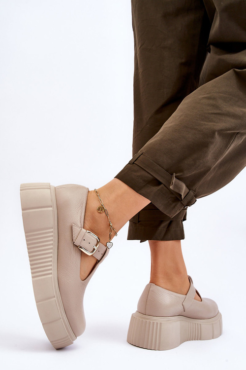 Zazoo 20102 Stylish Leather Loafers on Chunky Platform Beige