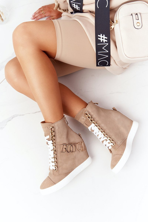 Women’s Suede Wedge Sneakers BOOCI Golden Letters Light Camel