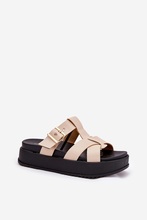 Womens Platform Sandals With Straps And Buckle Beige Elimessa