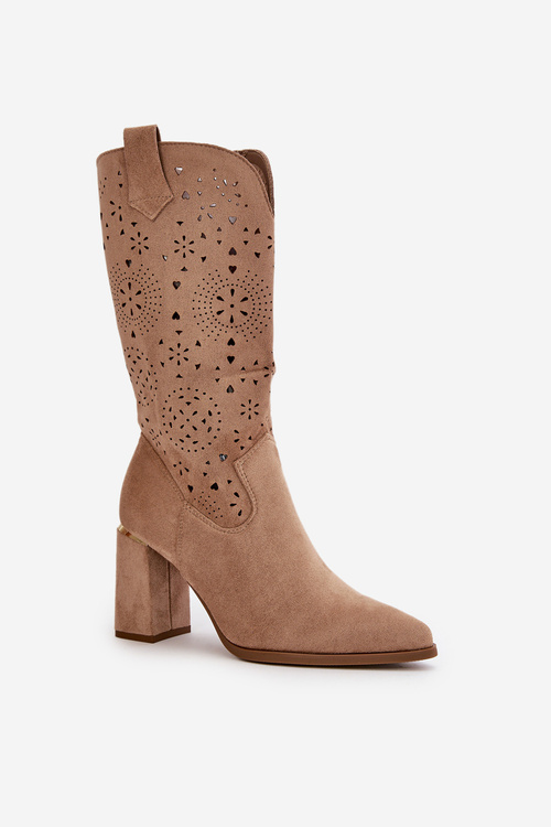 Botki Damskie Ażurowe Obcas Słupek Eko Zamsz Noski W Szpic Ciemnobeżowe Nevithra