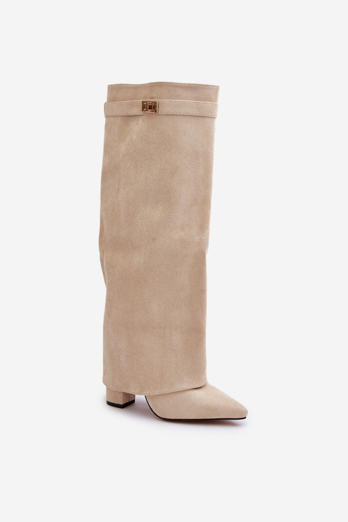 Women's Eco Suede Boots With Rolled Top On Heel Beige Bralise
