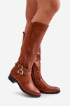 Women's Knee High Boots With Flat Heel And Buckles Camel Lotina