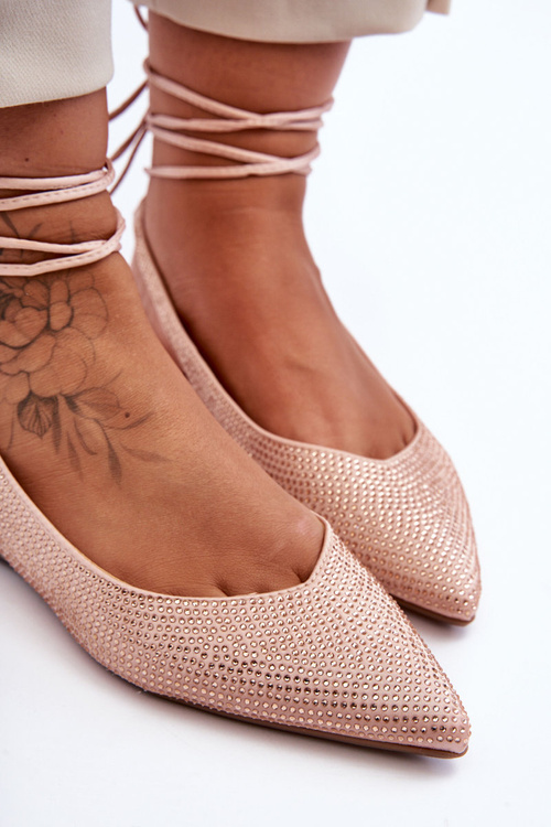 Women's Lace-Up Ballet Flats Embellished with Studs Beige Jange