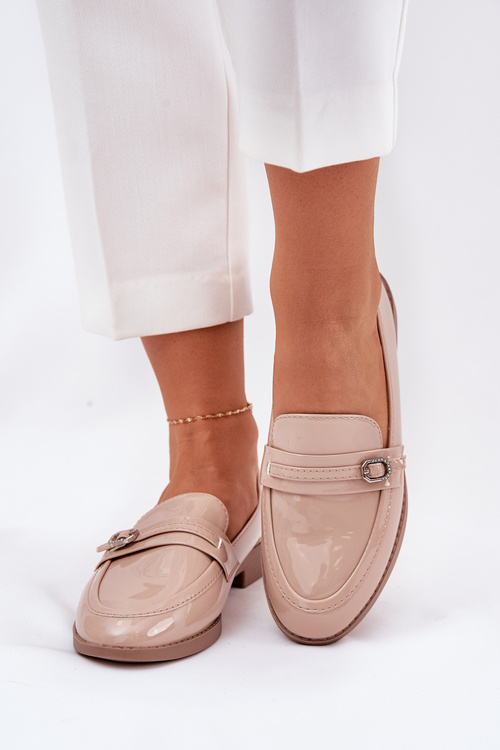 Lacquered Women's Moccasins With Decorative Buckle Beige Mollan