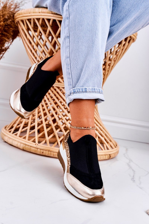 Women’s Leather Wedge Sneakers Black Gold Frances