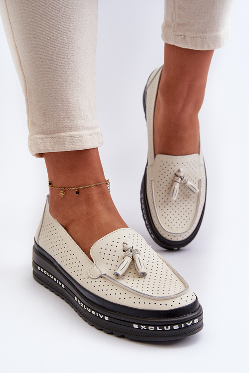 Women's Leather Platform Moccasins Beige Assetnima