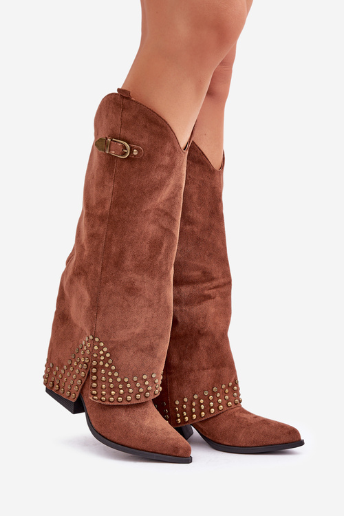 Botki Z Dżetami I Wywiniętą Cholewką Na Słupku Brązowe Iveliri