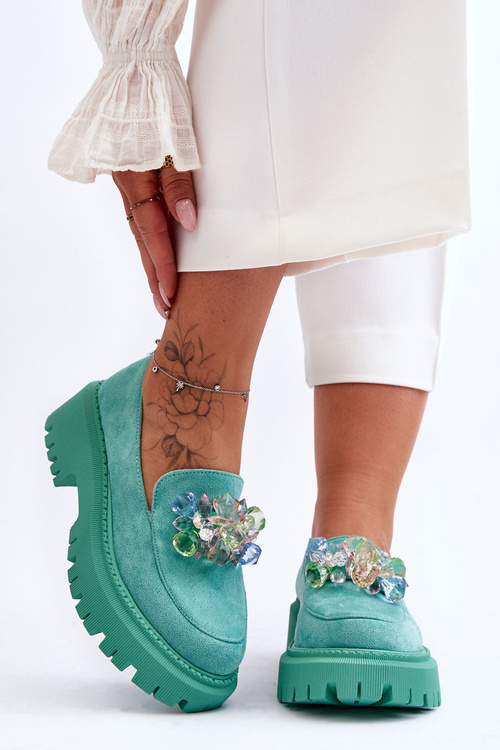 Mokasyny Damskie Ozdobne Kryształy Zielone Avril