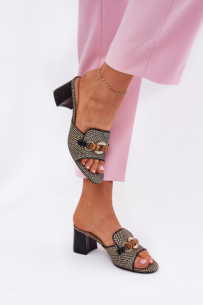 Damskie Klapki Z Ozdobą Na Obcasie Czarne Ovittole