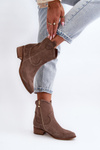 Zazoo 3329 Suede Cowboy Ankle Boots Low Heel Dark Beige