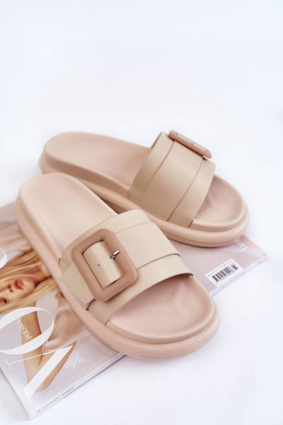 Women's Leather Slippers With A Buckle Beige Devia