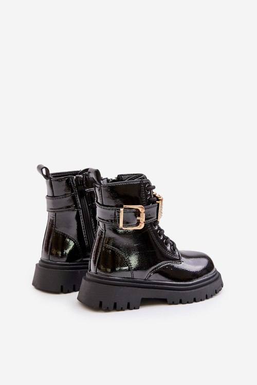 Girls Patent Insulated Boots With Decorative Strap Black Gilian