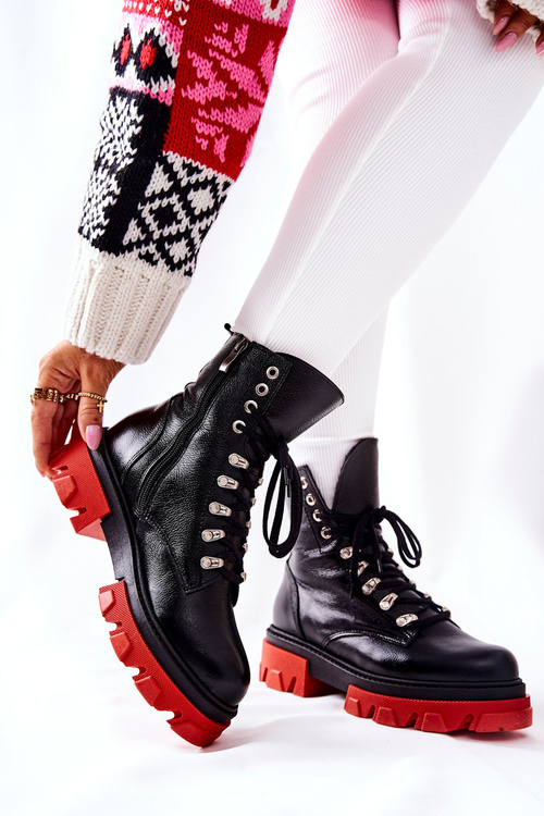 Ocieplane Skórzane Botki Workery Wiązane Czarne Kelley