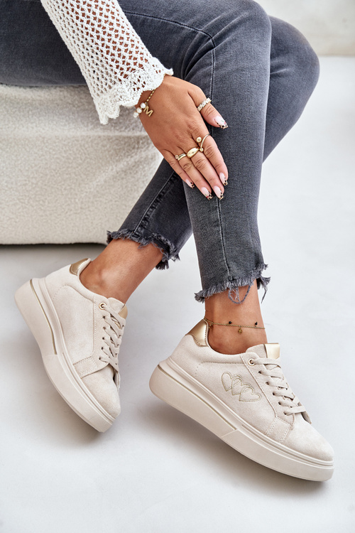 Sneakersy Z Sercami Na Platformie Eko Zamszowe Damskie Beżowe Avirorae