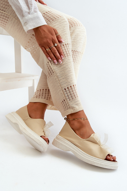 Damskie Sandały Skóra Naturalna Kokardka Jasnobeżowe Zazoo 2939