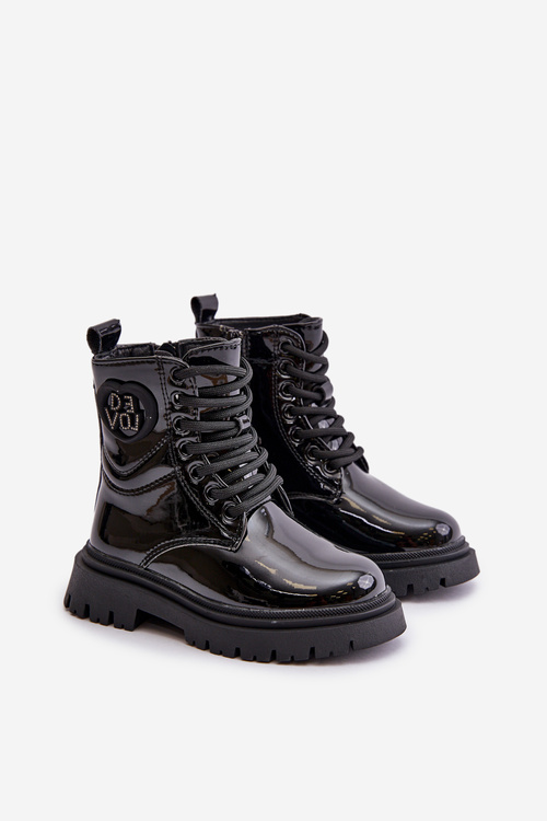 Botki Dziewczęce Lakierowane Ocieplane Futerkiem Zamek Czarne Evaliraea