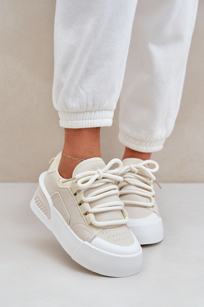 Sneakersy Damskie Na Platformie Grube Sznurówki Beżowe Laloma