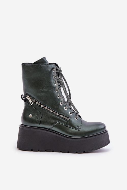Leather Ankle Boots Workers On Platform And Wedge Maciejka 06676-09 Green