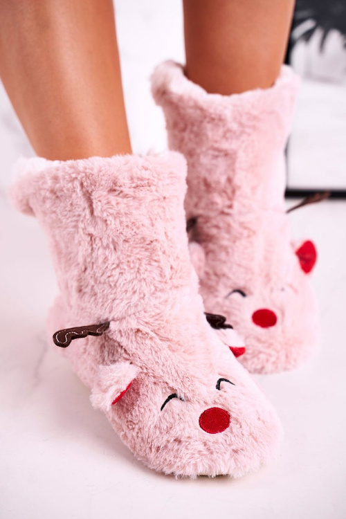 Świąteczne Papcie Z Reniferem Ocieplone Kożuszkiem Różowe Rudolph