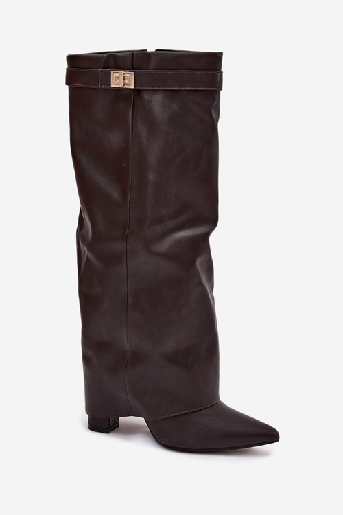 Women's Heeled Boots With Folded Shaft And Golden Detail Chocolate Diorna