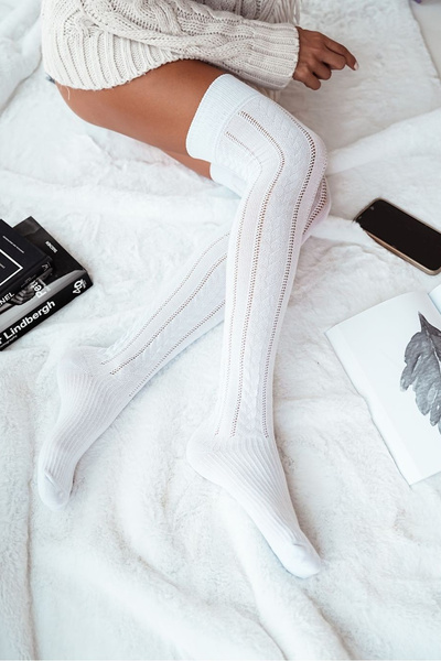 Damskie Zakolanówki Ażurowe Warkocz Białe