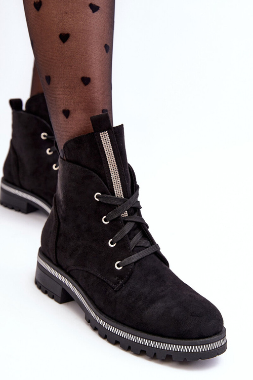 Botki Damskie Zdobione Zamsz Czarne Plesca NC1187