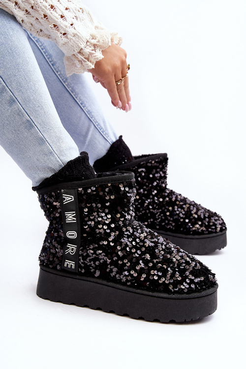 Women's Snow Boots On Platform Embellished With Rhinestones Black Silmo