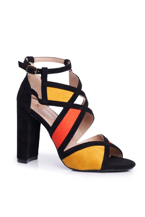 Zamszowe Sandały Na Słupku Czarno-Pomarańczowe Emolly