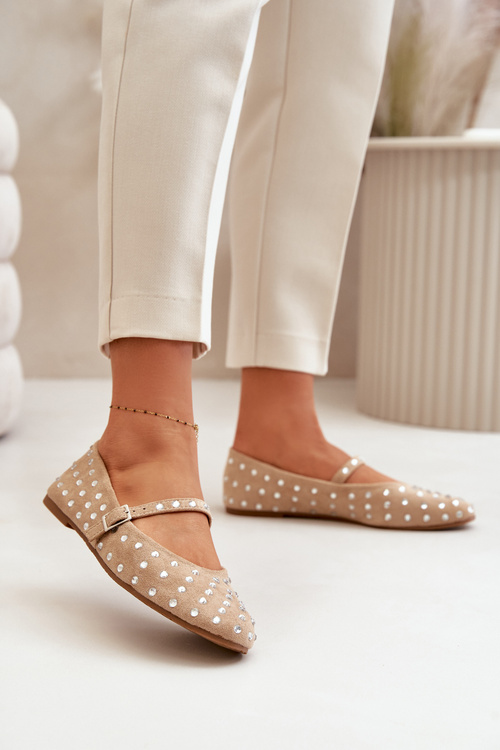 Embellished Ballerinas With Strap Eco Suede Beige Tirilissa