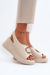 Leather Women's Wedge Sandals with Ornament Beige Salvania