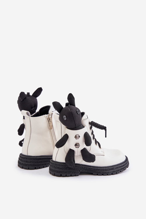 Leather Insulated Children's Boots With Zipper And Bear White Vinceza 36261