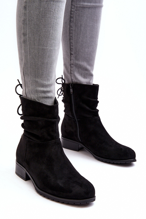 Women's Suede Boots on a Flat Heel Black Keresa