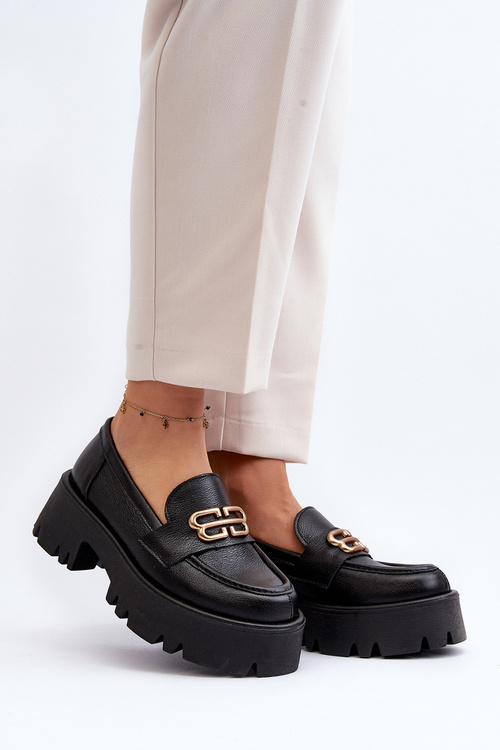 Loafersy Damskie Masywne Skóra Naturalna Czarne Zazoo 20164