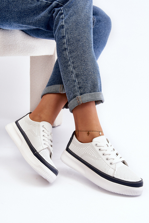 Buty Sportowe Sneakersy Damskie Skóra Failla Biało-Granatowe SP 020