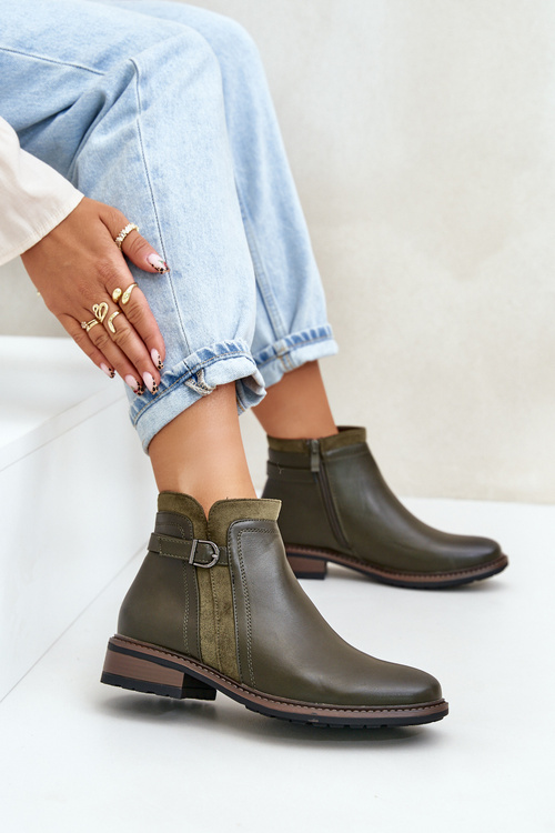 Warm Women's Ankle Boots With Low Shaft Zip Eco Leather Dark Green Taitha