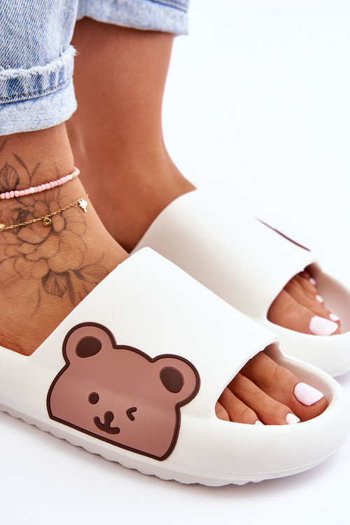 Klapki Damskie Lekkie Piankowe Motyw Misia Białe Parisso BG-129