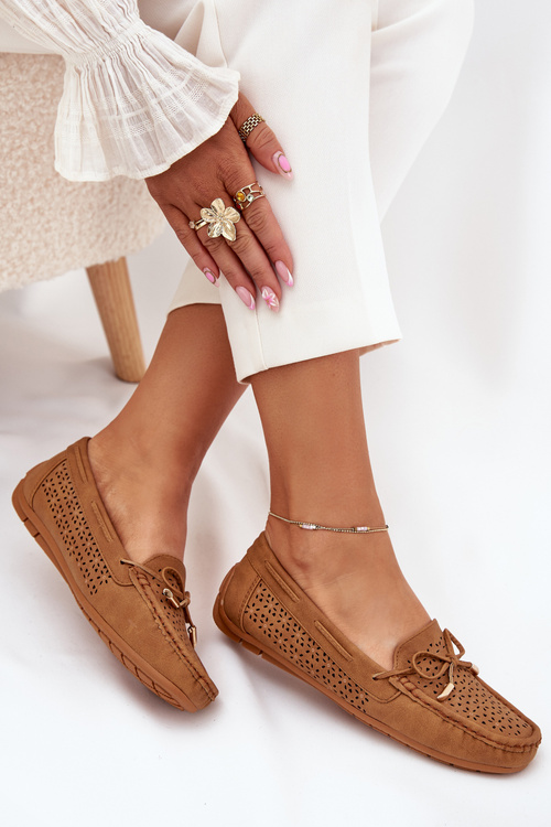 Ladies Moccasins With Perforated Pattern And Lacing Camel Mirisa