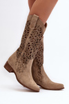 Zazoo 3403 Openwork Low Heel Women's Boots Beige