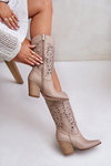 Kozaki Ażurowe Skórzane Na Słupku Do Połowy Łydki Beżowe Lewski 3609