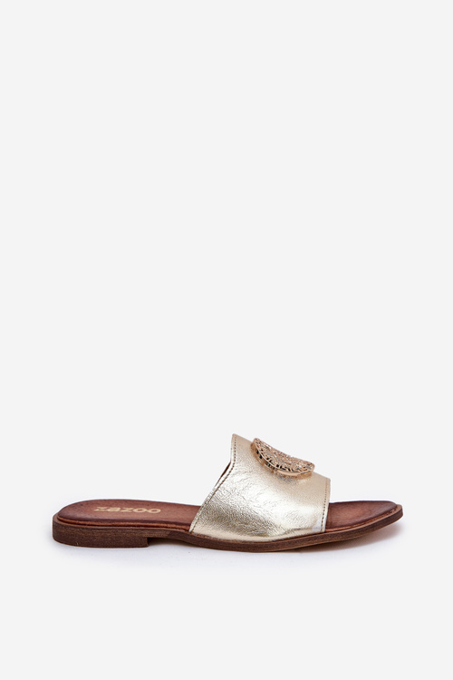 Zazoo 2938 Leather Slippers On Flat Heel With Decoration Gold
