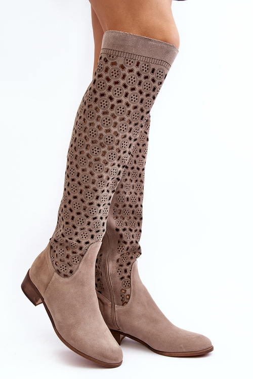 Suede Boots with Lattice Pattern Beige Pointe