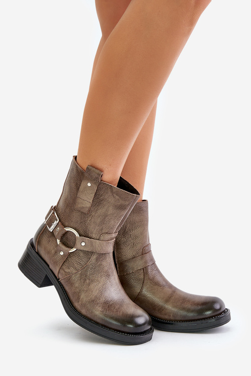 Zazoo 60480 Leather Ankle Boots On Low Heel Insulated Brownish Gray