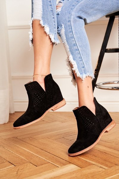 Women's Flat Heel Suede Openwork Boots Black Shades