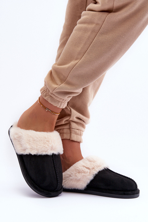 Women's Slippers with Fur Black Pinky