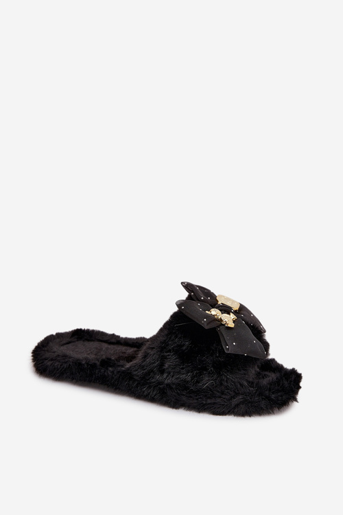 Fur Ladies Slippers With Bow And Golden Decoration Black Nolara