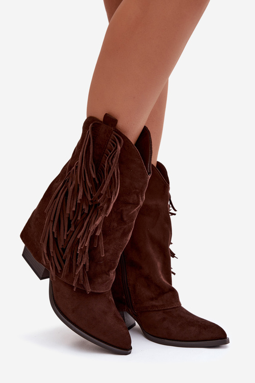 Women's Cowboy Boots With Fringes On Heel Chocolate Gralina