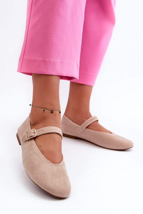 Beige Buckled Faux Suede Ballerina Flats Anlofi