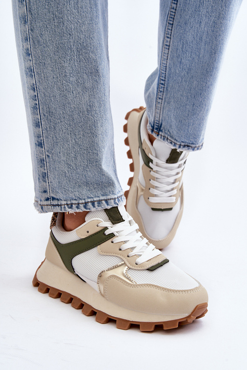 Women's Beige-Green Sports Sneakers Ralita